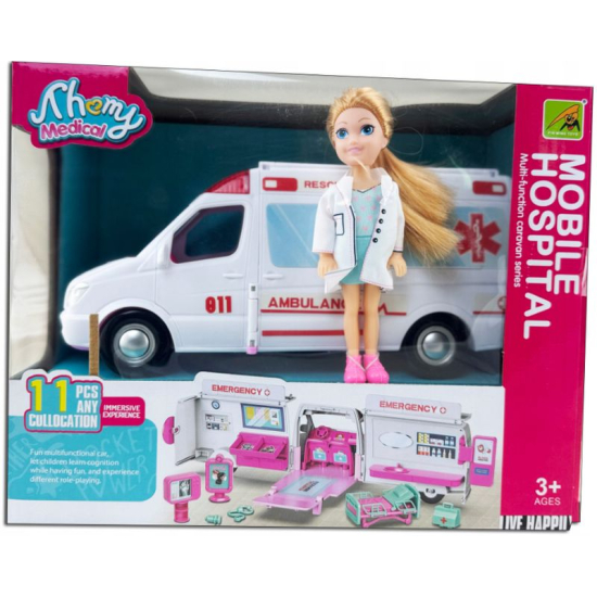 Rozkładana karetka dla lalek – ambulans z akcesoriami medycznymi