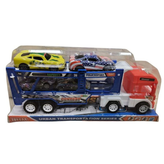 Auto laweta transporter z 4 sportowymi autkami – zestaw z ciężarówką