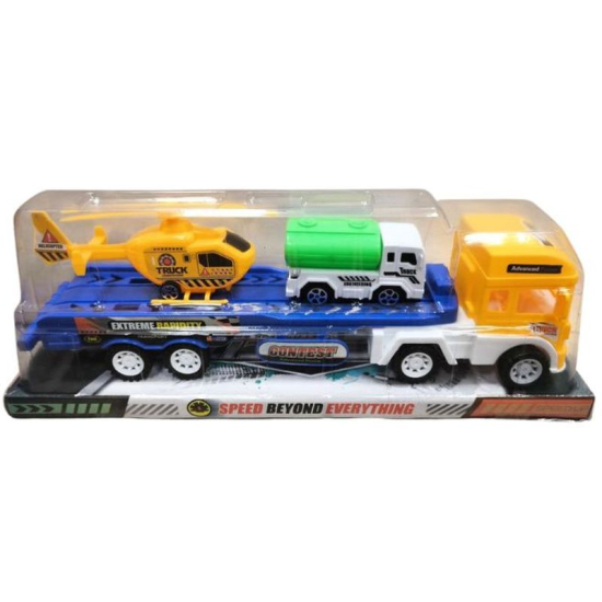 Zabawka ciężarówka laweta z helikopterem na naczepie – komplet pojazdów