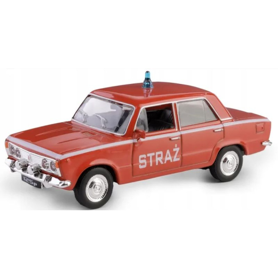 Metalowy model Fiat 125p Straż Pożarna widok z przodu i boku