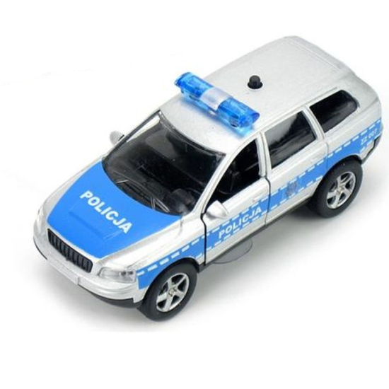 Samochód policyjny metalowy 14 cm – srebrno-niebieski model z napisem POLICJA