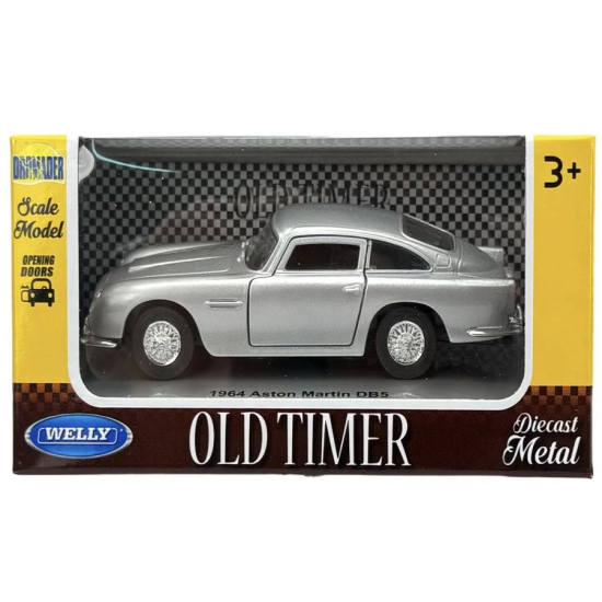 Samochód metalowy Aston Martin DB5 1964 srebrny model kolekcjonerski Welly Old Timer w pudełku