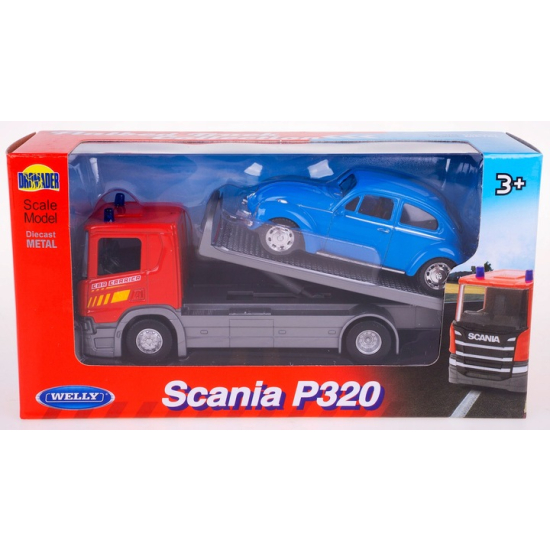 Samochód tir metalowy Scania P320 laweta z samochodem 2666