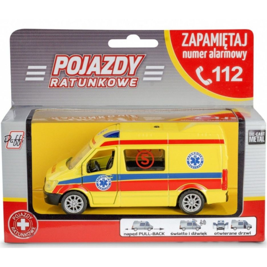 Metalowa karetka pogotowia Daffi z efektami światła i dźwięku