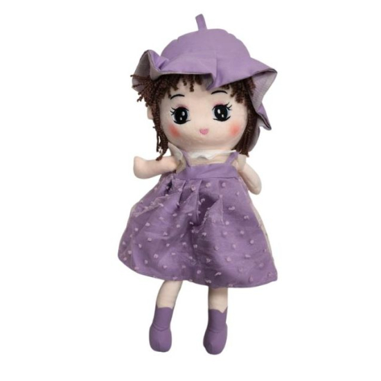 Szmaciana lalka 35 cm w fioletowej sukience i kapelusiku