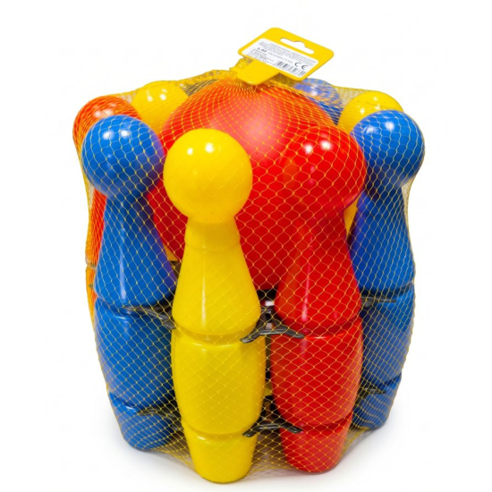 Zestaw dużych plastikowych kręgli dla dzieci o wysokości 26 cm z dużą czerwoną kulą spakowany w żółtą siatkę
