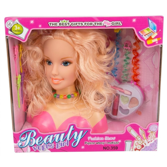 Głowa lalki do czesania i stylizacji z zestawem do makijażu w różowym pudełku Beauty Vogue Girl