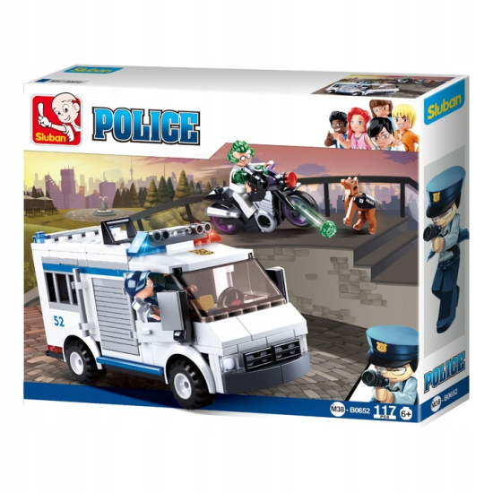 Zestaw klocków Sluban – Wóz Więzienny i Motocykl Złodzieja, 117 elementów, postacie w akcji