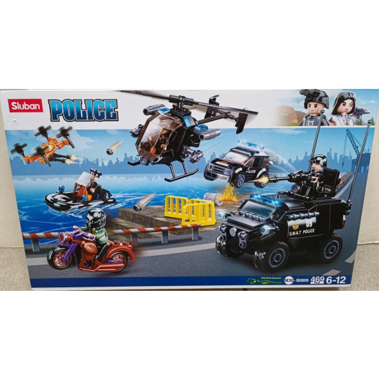 Klocki Sluban b0809 samochody policyjne motor helikopter motorówka 469el.