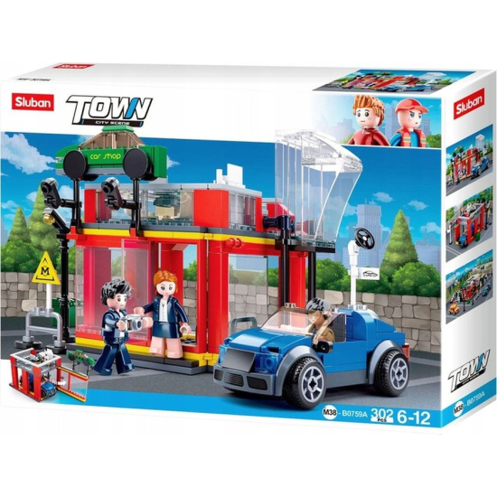 Zestaw Sluban Warsztat samochodowy – 302 elementy, w składzie warsztat, samochód i mini-figury