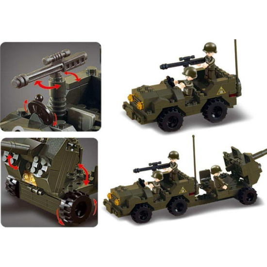 Zestaw Sluban Army M38-B5900 – wojskowy jeep z armatą i trzema żołnierzami, ruchome elementy i realistyczne detale