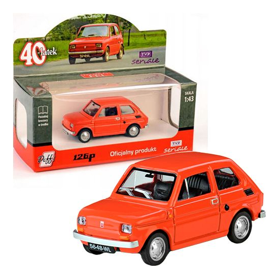 Czerwony Fiat 126p Maluch inżyniera Karwowskiego skala 1:43 z pudełkiem TVP Seriale