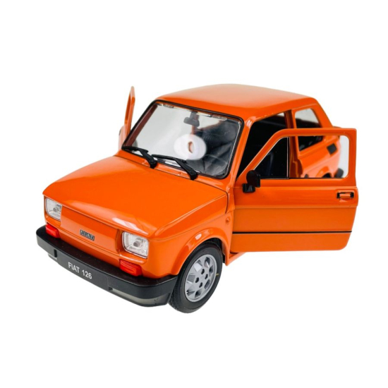Pomarańczowy Fiat 126p Maluch Welly skala 1:21 z uchylonymi drzwiami, widok od przodu