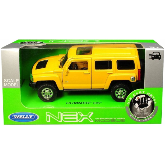 Żółty model metalowy Hummer H3 marki Welly seria NEX Models w oryginalnym zielonym pudełku z witryną