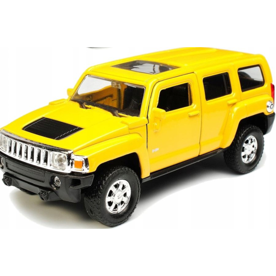 Kolekcjonerski model auta terenowego Hummer H3 Welly w kolorze żółtym z chromowanym grillem ujęcie z przodu