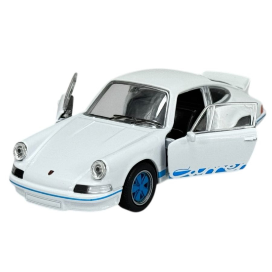 Biały model samochodu Porsche 911 Carrera RS 2.7 z niebieskimi pasami i otwartymi drzwiami