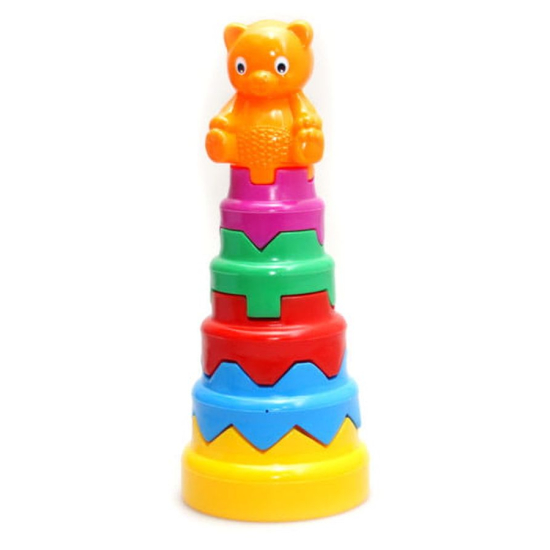 Kolorowa piramida wieża sorter z misiem – zabawka dla dzieci 12m+