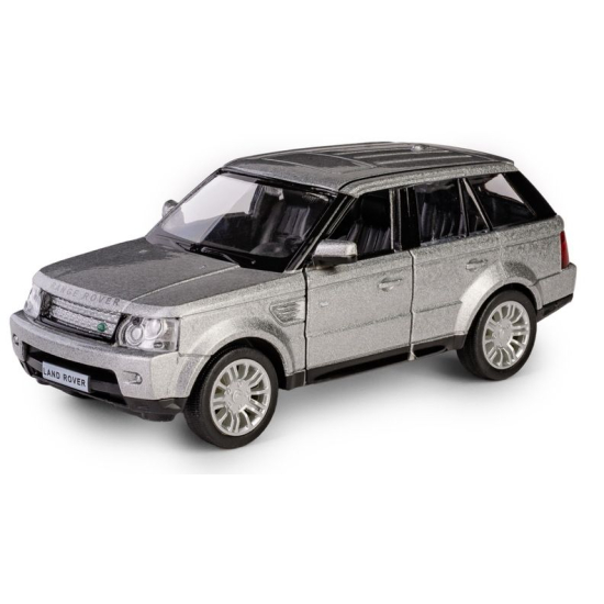 Srebrny model kolekcjonerski Land Rover Range Rover Sport 1:36 RMZ City widok z przodu i boku