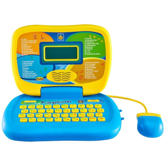 Otwarty interaktywny laptop edukacyjny z wyświetlaczem LCD i żółto-niebieską klawiaturą