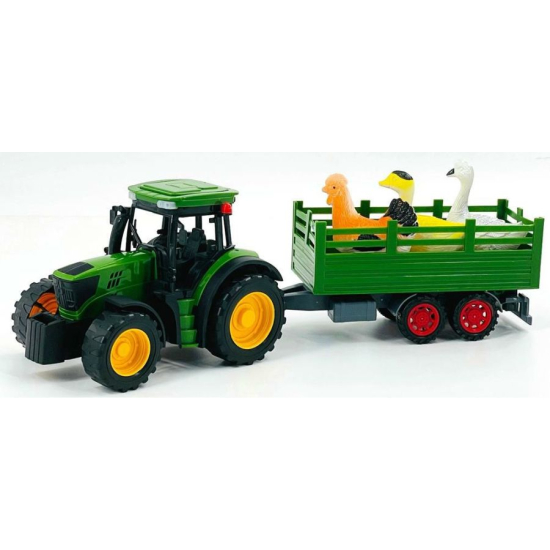 Zabawka traktor z przyczepą, na której znajdują się plastikowe zwierzątka – kura, gęś i kaczka.