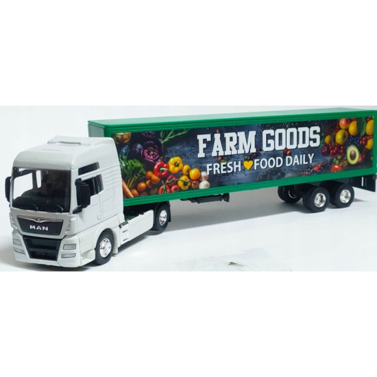 Ciężarówka MAN TGX XXL 1:64 z odpinaną naczepą Farm Goods – widok zestawu bez opakowania