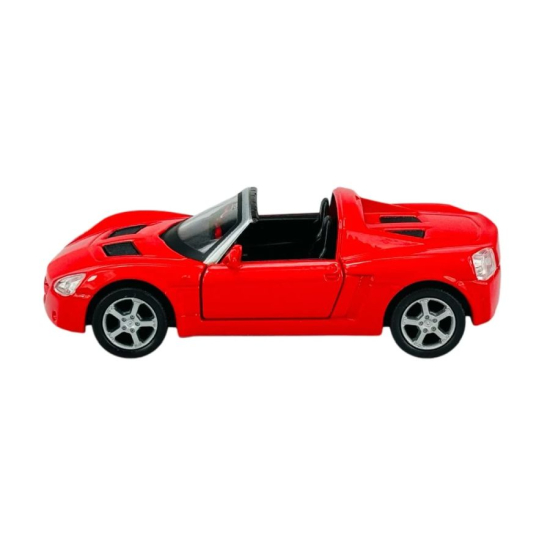 Widok boczny metalowego modelu Opel Speedster 2001 w kolorze czerwonym