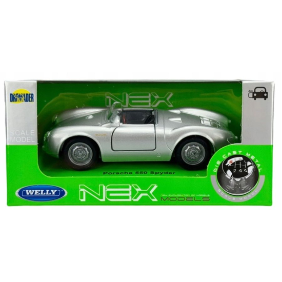 Metalowy model Porsche 550 Spyder Welly NEX w opakowaniu witrynkowym, kolor srebrny, skala 1:34.
