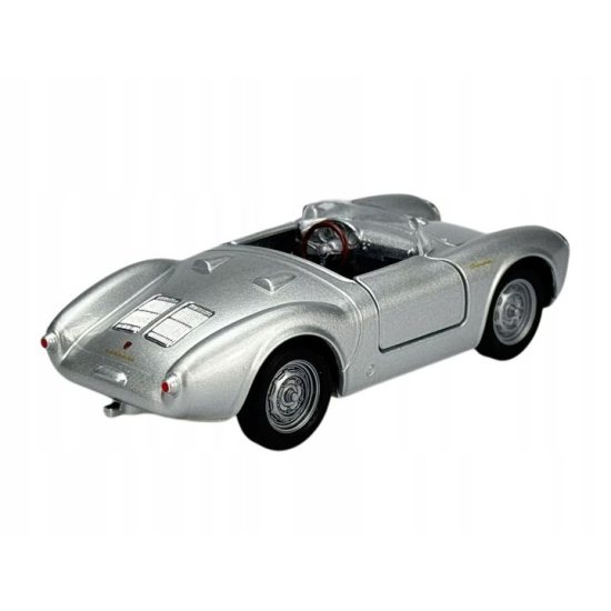 Model Porsche 550 Spyder Welly w kolorze srebrnym, widok z tyłu z widoczną kierownicą.