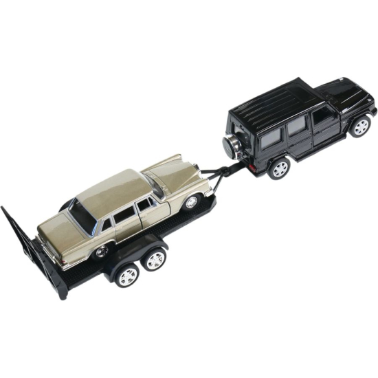 Zestaw Welly Mercedes Klasa G holujący lawetę z klasyczną limuzyną Mercedes 600 ujęcie z góry