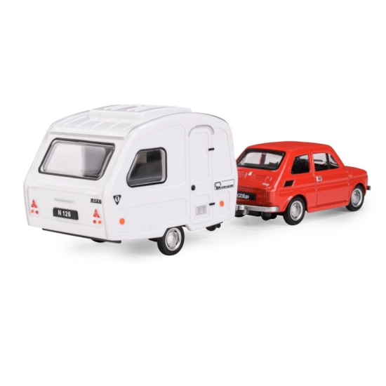 Fiat 126p Maluch czerwony z przyczepą Niewiadów – kolekcja PRL