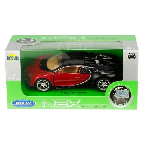 Metalowy model Bugatti Chiron Welly w kolorze czerwono-czarnym – widok z przodu z profilu