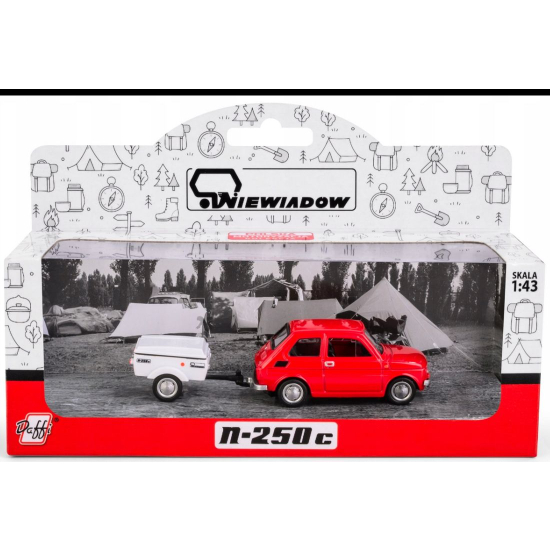 Fiat 126p czerwony z przyczepą Niewiadów N250C model 1 43 bok