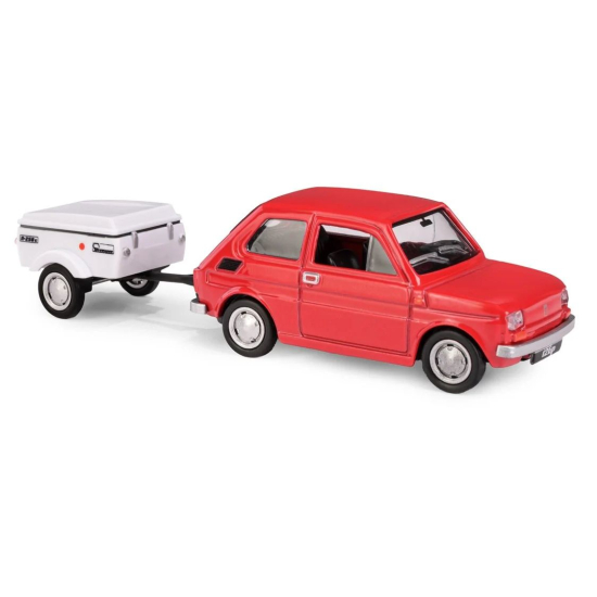 Maluch PRL czerwony z przyczepą kempingową model metalowy