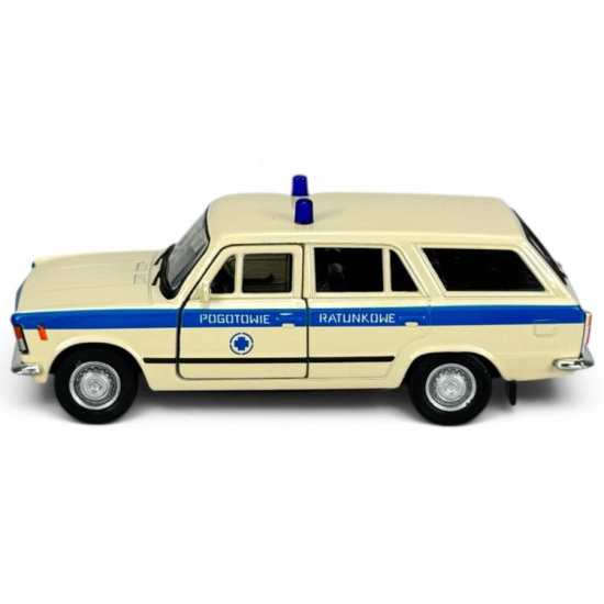 Profil boczny modelu auta Fiat 125p FSO Kombi z niebieskim pasem i napisami Pogotowie Ratunkowe