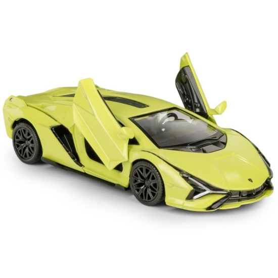 Zielony model kolekcjonerski Lamborghini Sián FKP 37 w skali 1:39 z uniesionymi drzwiami skrzydłowymi