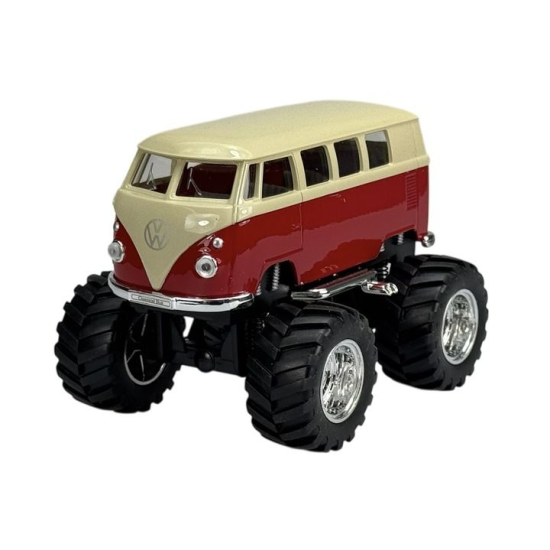 Welly Monster Truck VW Transporter T1 Bus 1963 czerwony – metalowy model 1:34 z napędem pull back