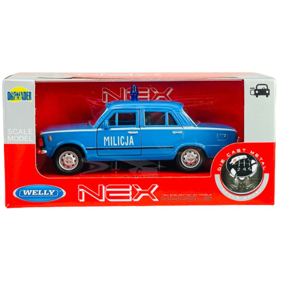 Metalowy model Fiat 125p Milicja niebieski w oryginalnym czerwonym opakowaniu Welly