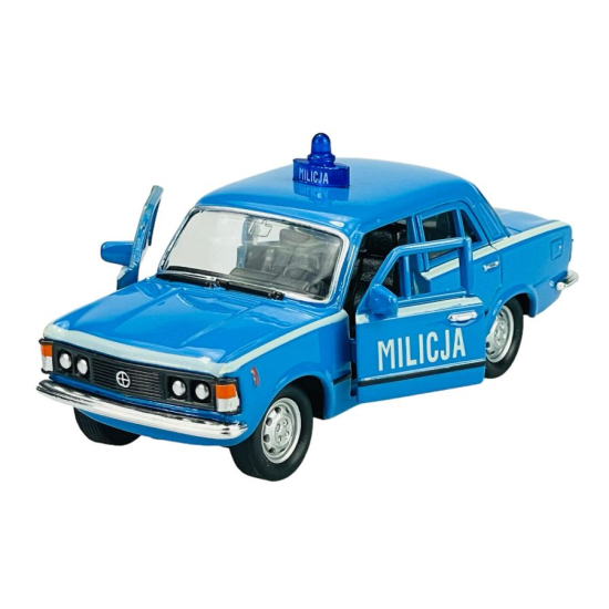 Niebieski model samochodu Fiat 125p Milicja Welly z otwartymi przednimi drzwiami widok z przodu