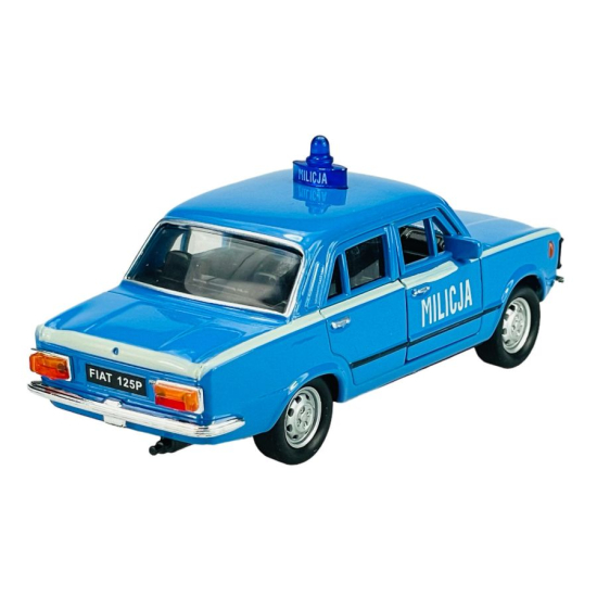 Kolekcjonerski radiowóz Fiat 125p Milicja Welly widok z tyłu pokazujący detale karoserii