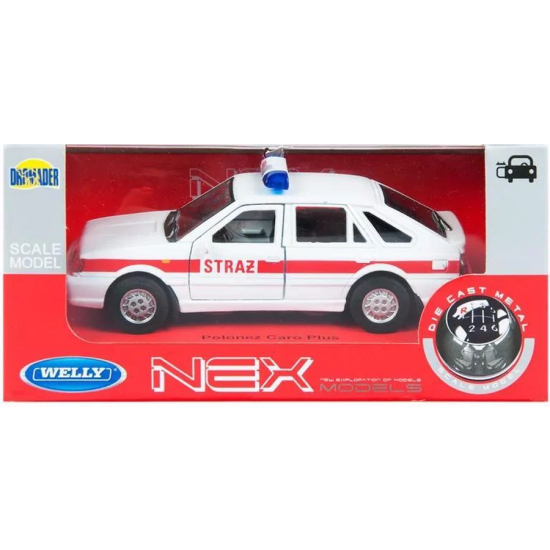 Metalowy model Polonez Caro Plus Straż Pożarna w oryginalnym czerwonym opakowaniu Welly
