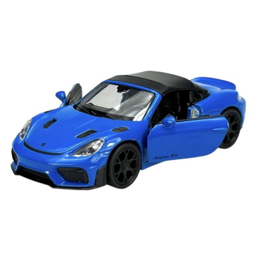 Miniatura Porsche 718 Spyder RS Welly niebieska widok z przodu z otwartymi drzwiami