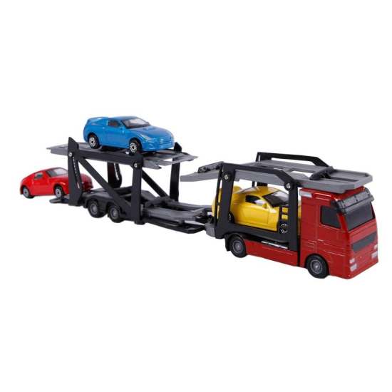 Czerwony model ciężarówki TIR auto laweta z platformami i trzema sportowymi samochodzikami resorkami