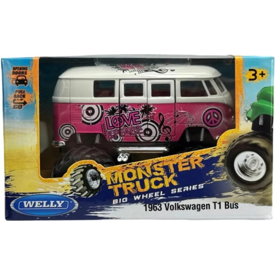 Model metalowy Volkswagen T1 Bus 1963 Monster Truck Welly seria Big Wheel w oryginalnym opakowaniu