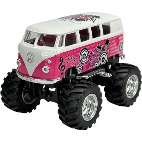 Różowo-biały metalowy VW Bulik T1 Bus Monster Truck Welly na wielkich kołach widok z przodu pod kątem