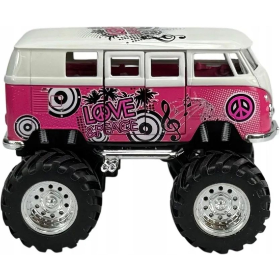 Boczny profil modelu VW T1 Bus Monster Truck Welly z grafiką Love and Peace i wydechem chromowanym