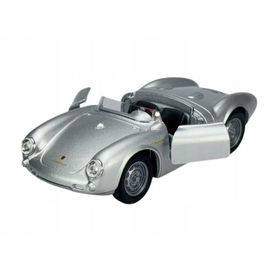 Srebrny model Porsche 550 Spyder Welly z otwartymi drzwiami, widok z przodu.