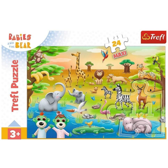 Puzzle Trefl 24 el. Maxi Babies and the Bear – kolorowa ilustracja zwierząt safari (słoń, zebra, żyrafa)