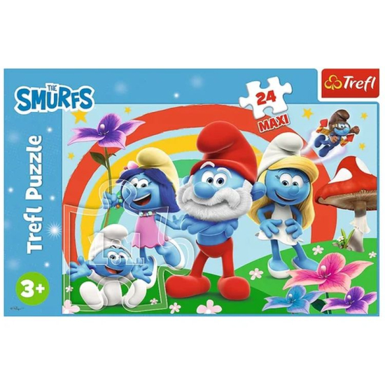 Puzzle Trefl 24 el. Maxi Smerfy The Smurfs – ilustracja z bohaterami Smerfów, tęcza i kwiaty