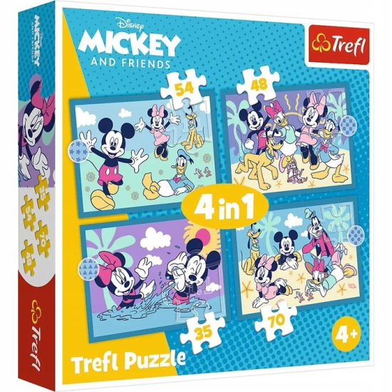 Trefl Puzzle 4w1 Disney Mickey and Friends Zabawne zdarzenia Myszki Miki – opakowanie produktu, 4+