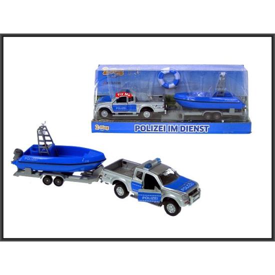 Samochód auto metalowe jeep policyjny z motorówką 7138